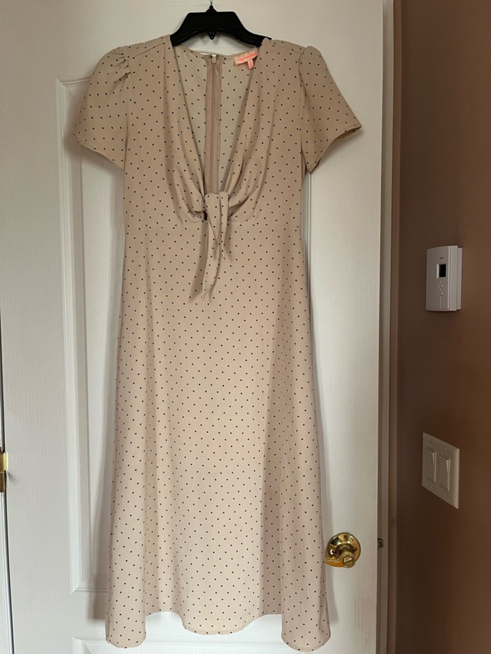 re:named Beige Polka Dot Midi Tie-Front Dress